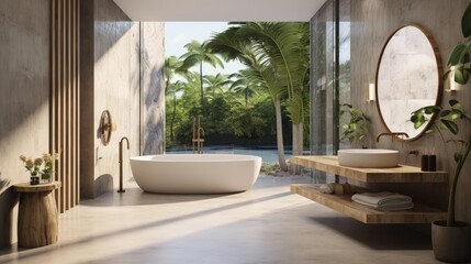 Poster - Modern contemporary loft style bathroom with tropical style nature view 3d render,There are concrete tile floor and wall decorated with wooden sink counter and circle mirror