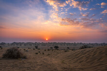 View During Sunrise At Great Thar Desert In Jaisalmer, Rajasthan, India.