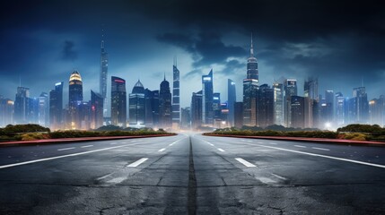 Poster - Asphalt road and modern city skyline with buildings in Hangzhou at night.