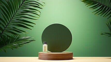 Leinwandbilder - Cosmetics product advertising stand. Exhibition wooden podium on green background with palm leaves and shadows. Empty pedestal to display product packaging. Mockup