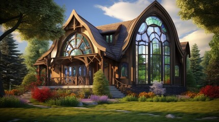 Poster - Beautiful modern wooden house with stained glass windows, view from the green lawn.