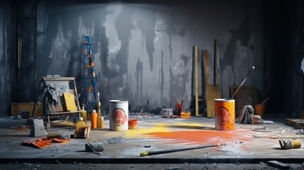 Aufkleber - Preparation for painting works. Banks with paint, brushes and rollers are on the concrete floor. Home repair. The image is suitable for advertising a store of construction products