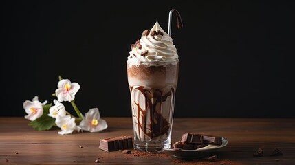 Poster - Chocolate milkshake with whipped cream served in glass on the light gray table.
