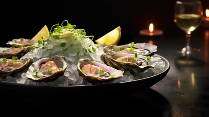 Sticker - Fresh oysters with lime, onion on a grey round plate. Oyster season. Macro seafood dish. Oysters on the half shell with glass of sparkling wine on white table, beautiful light. Healthy food concept.