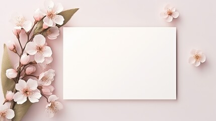 Wall Mural - Vintage blank paper card mockup, greeting card design for wedding or birthday. Top view with copy space. Romantic minimal style.