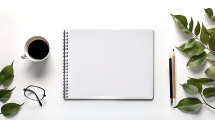 Fototapete - Creative flat lay design of workspace desk with laptop, blank notebook, smartphone, coffee, stationery with copy space background