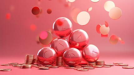 Sticker - 3D Coins are raised up by red balloons on pink background. money spending and money inflation concept. 3d render illustration