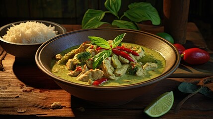 Aufkleber - Thai food, green curry chicken with coconut curry on a wooden table.