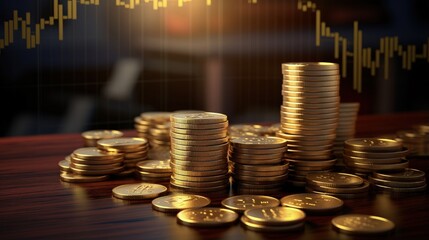 Poster - Financial investment and success market stock technology currency report. Stacks of coin with trading graph.