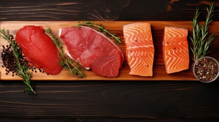 Poster - Raw steaks - fish salmon, beef meat and turkey breast fillet on a cutting board. Wooden background. Top view. Copy space.