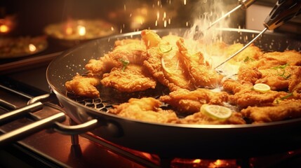 Canvas Print - Detail of pliers taking fried schnitzel out of a sizzling pan.