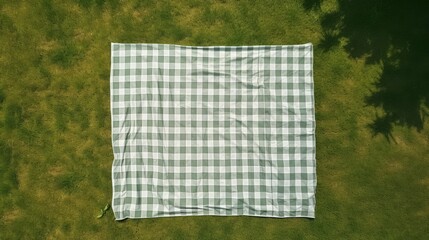 Poster - top view of picnic blanket on ground, advertising concepts, copy space. linen tablecloth or white textile plaid on green lawn in garden outdoor at summer day, flat lay