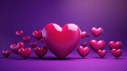 Poster - Social Media Hearts Likes 3D Symbol Minimal in Purple Background. 3D Render Red Heart Like Bubble Sign With Copy space. Social Media marketing concept