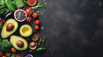 Poster - Fresh delicious ingredients for healthy cooking or salad making on rustic background, top view, banner. Diet or vegetarian food concept.