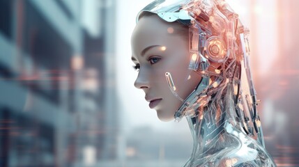 Aufkleber - Female artificial intelligence dawn - 3D illustration of beautiful science fiction chrome robot girl in soft pastel light