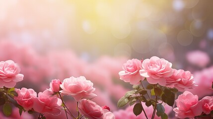 Wall Mural - Mysterious fairy tale spring floral wide panoramic banner with fabulous blooming pink rose flowers summer fantasy garden on blurred sunny bright shiny glowing background and copy space