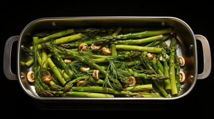 Poster - vegetarian food asparagus and mushroom in metal pan