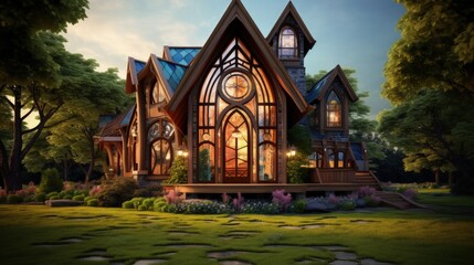 Poster - Beautiful modern wooden house with stained glass windows, view from the green lawn.