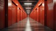 Storage corridor warehouse. Self storage facility, red metal doors with locks. Moving, organizing, storage concept.