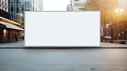 Poster - Advertising empty long white billboard with space for mockup information at urban street front view