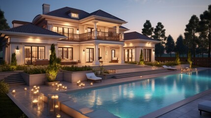 Poster - Expensive private villa. Swimming pool in a private house. Evening in a country house. Mansion exterior. Luxury villa with swimming pool. 3d illustration