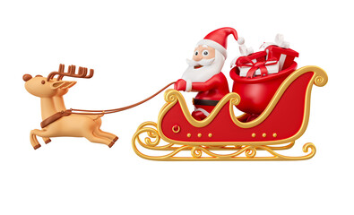 Wall Mural - Santa Claus with sleigh and reindeer 3d render illustration 