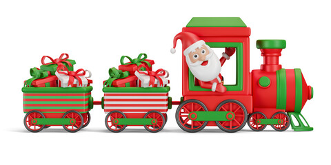 Wall Mural - Santa Claus in train with gift in 3d render illustration 