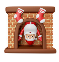 Wall Mural - Santa Claus coming out of fireplace in 3d render illustration 