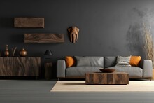 Contemporary Room Design, Minimalist Gray Sofa, Orange Throw Pillows, Wooden Shelves, Abstract Wooden Wall Art, Tall Dried Grass, Shadowed Ambiance, Light Wooden Flooring