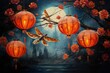 Traditional red lanterns hanging, cherry blossoms, dragonfly, Asian-inspired scene, artistic still life, soft lighting, cultural decoration, serene ambiance, ethereal background