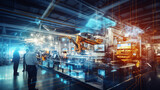 Fototapeta  - Industry 4.0 in action within a smart factory with machinery, and robotics in a futuristic industrial setting. Innovation, engineering, and interconnected systems. Generative AI