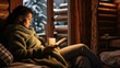 Woman drink coffee in sweater reading book in a house, winter snow