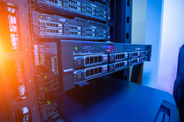 The server room tells the computer server that is working continuously. Convey the power and progress