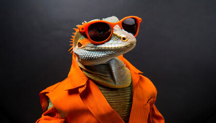 a humanoid lizard wearing a bright orange suit and sun glasses on black background