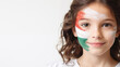 © olympuscat - Portrait of Hungarian smiling little girl with her face painted in Hungary flag colors, isolated on white background, banner with copyspace
