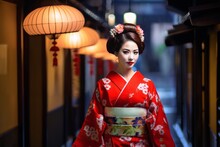 Geisha Women Wearing Traditional Japanese Costumes Posing In Night Kyoto City Streets