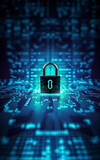 Fototapeta Konie - Padlock over glowing abstract electronic circuit background, vertical banner - cyber security concept. Generative AI