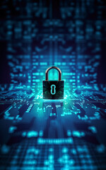 padlock over glowing abstract electronic circuit background, vertical banner - cyber security concep