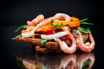 Wall Mural - cooked sandwich with shrimp, eggs, pepper and greens