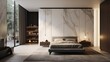 an Italian villa-inspired minimalist bedroom with marble accents and concealed storage in classic wardrobes