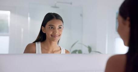 Wall Mural - Skincare, bathroom and woman with brush for haircare, beauty routine and facial glow in home. Getting ready, girl in mirror for morning brushing hair, cleaning and fresh face in reflection in house.