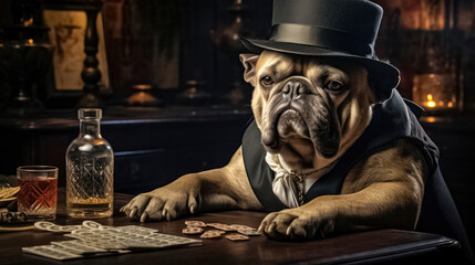 Sticker - English Bulldog in a top hat and bow tie, sitting at a table in a dark room.