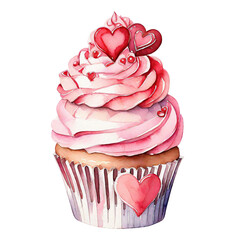 Wall Mural - watercolor illustration, romantic desserts and sweets, cupcake decorated with pink cream and hearts, valentines day