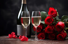 Valentine's Day Table Setting With Sparkling Wine And Red Roses On Gray Background