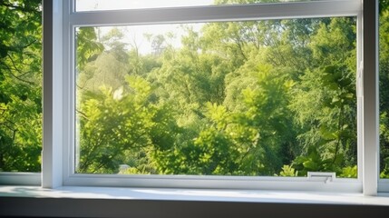  Freshly installed plastic PVC window with a white metal frame in a contemporary home, capturing a blurred background of lush green trees. An advertising concept portraying modern architecture