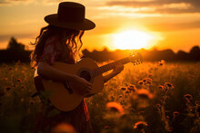 Silhouette Of A Girl With A Guitar On The Background Of A Sunset In A Field. Young Hippie Woman In A Hat.