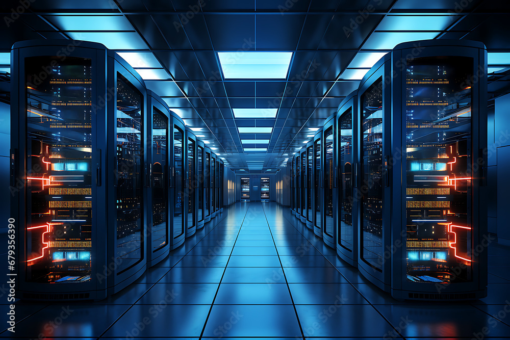 Vista interior de una data centre o CPD. Pasillos con racks de ...