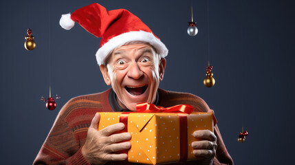 Wall Mural - An elderly man wearing a Santa hat is heartily laughing while holding a festive Christmas present with a ribbon.