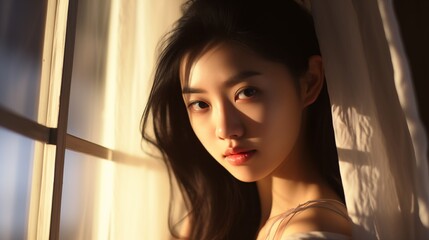Wall Mural - Young Asian woman with flawless skin stands near a window, her face partially illuminated by the warm sunlight streaming through the sheer curtains, casting delicate shadows on her features