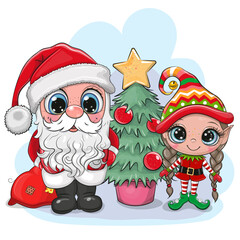 Wall Mural - Cute Cartoon Santa and elf girl